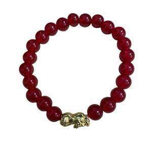 Red Beaded Stretch Bracelet w/ Gold Pixiu Dragon Charm Feng Shui Luck
